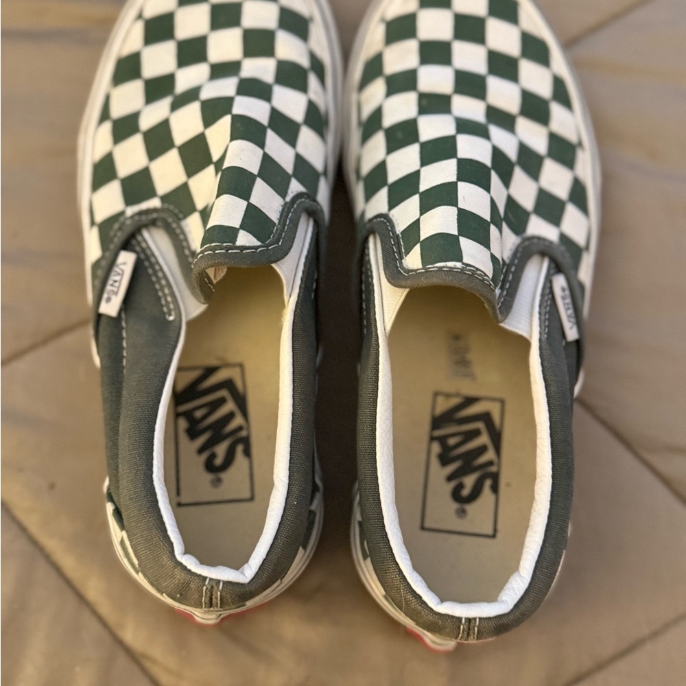 Vans Green and White Checkered Slip-On Sneakers